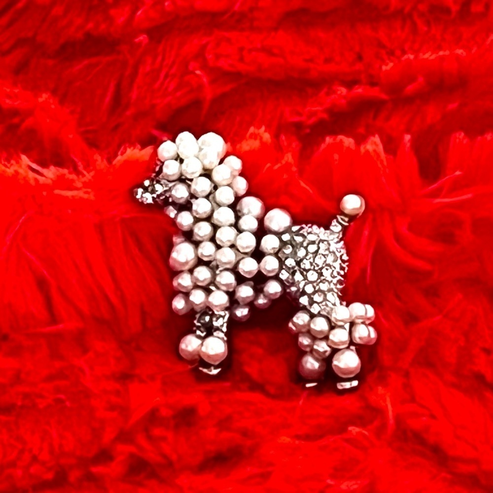Pearl and Rhinestone Silver Poodle Brooch - NWOT